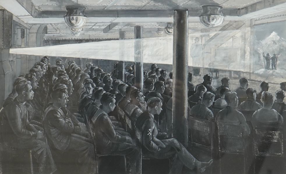 20th century school, Cinema with seated military figures, unsigned, en grisalle gouache, 27 x 44cm